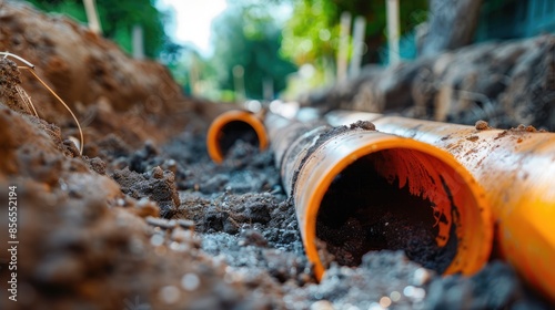 Plastic pipes buried for building construction with space for text photo