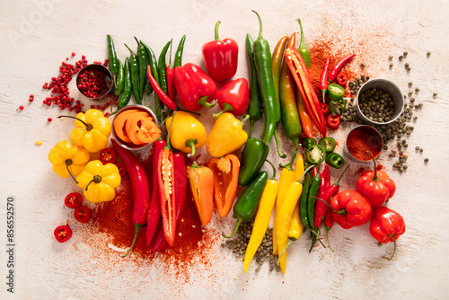 Peppers assorty on wooden background. Tasty vegetables. Colorful organic food. photo