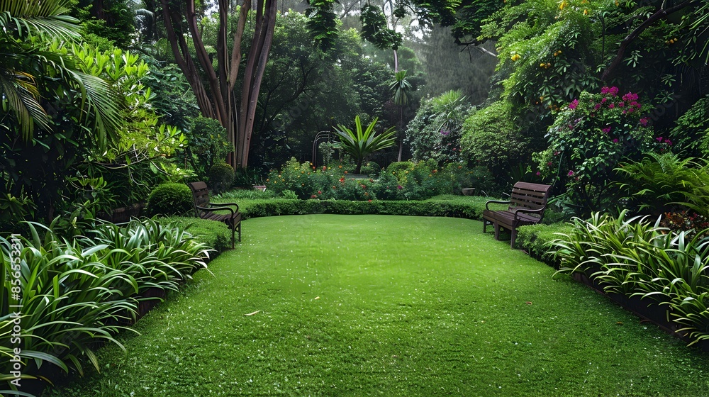 Naklejka premium Lawns with green lawns surrounded by lush image