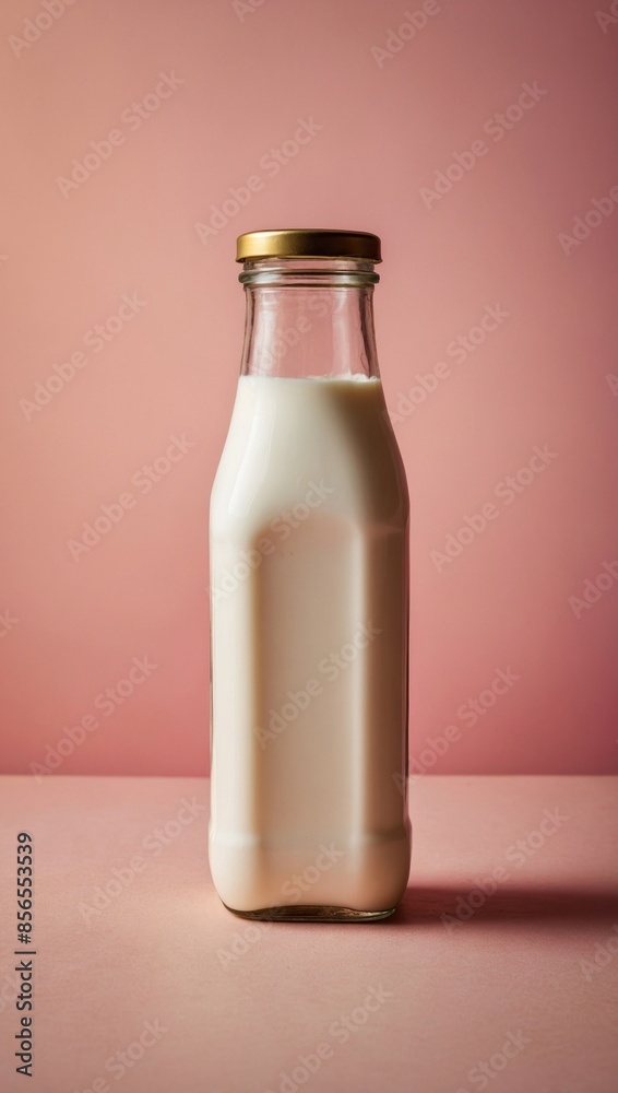 A glass milk bottle with a golden lid sits on a pink surface, illuminated by the warm glow of golden hour A glass milk bottle with a golden lid sits on a pink surface, illuminated by the warm glow of golden hour