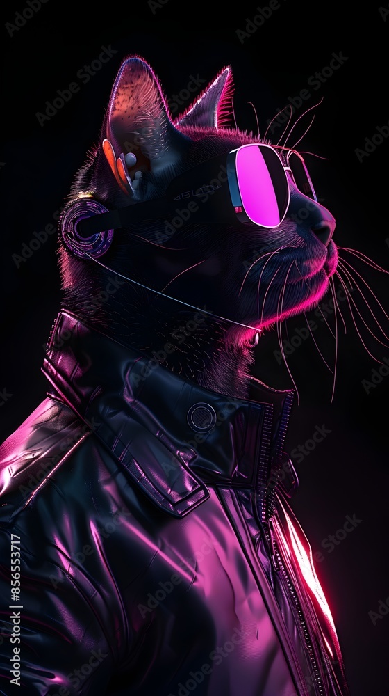 Captivating Cat Human Hybrid Portrait in Sleek Synthwave Attire Captivating Cat Human Hybrid Portrait in Sleek Synthwave Attire
