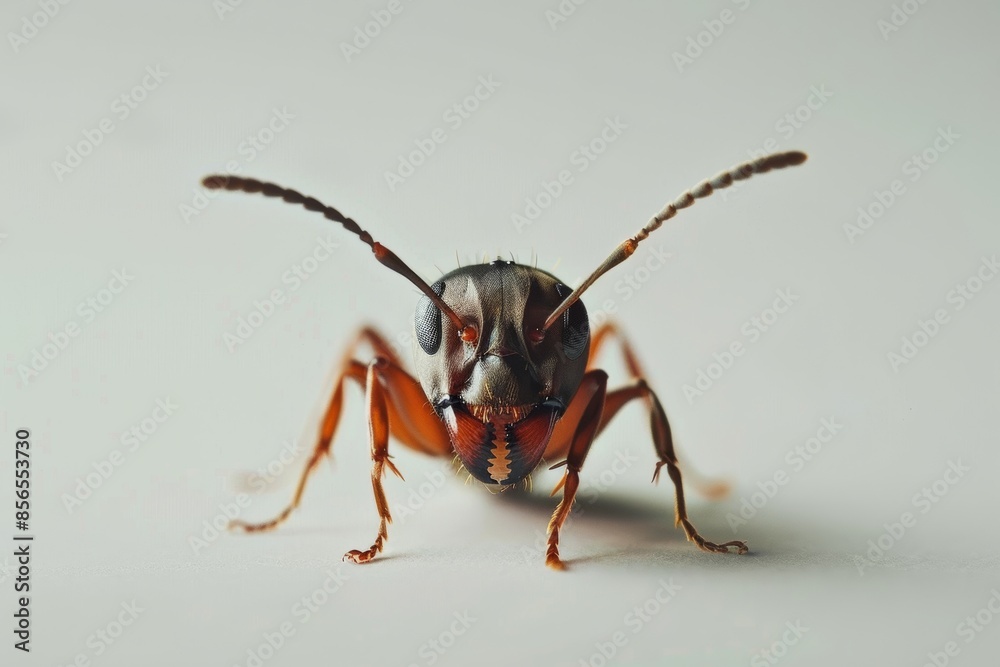 Detailed illustration of a fearsome Fire Ant, showcasing its two mandibles, two antennae, and six legs, against a stark white backdrop. Detailed illustration of a fearsome Fire Ant, showcasing its two mandibles, two antennae, and six legs, against a stark white backdrop.