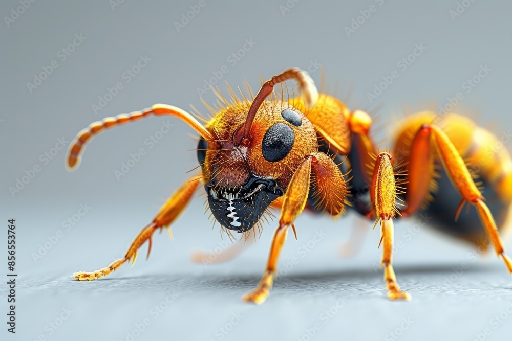 Detailed illustration of a fearsome Fire Ant, showcasing its two mandibles, two antennae, and six legs, against a stark white backdrop. Detailed illustration of a fearsome Fire Ant, showcasing its two mandibles, two antennae, and six legs, against a stark white backdrop.