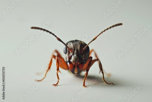 Detailed illustration of a fearsome Fire Ant, showcasing its two mandibles, two antennae, and six legs, against a stark white backdrop.