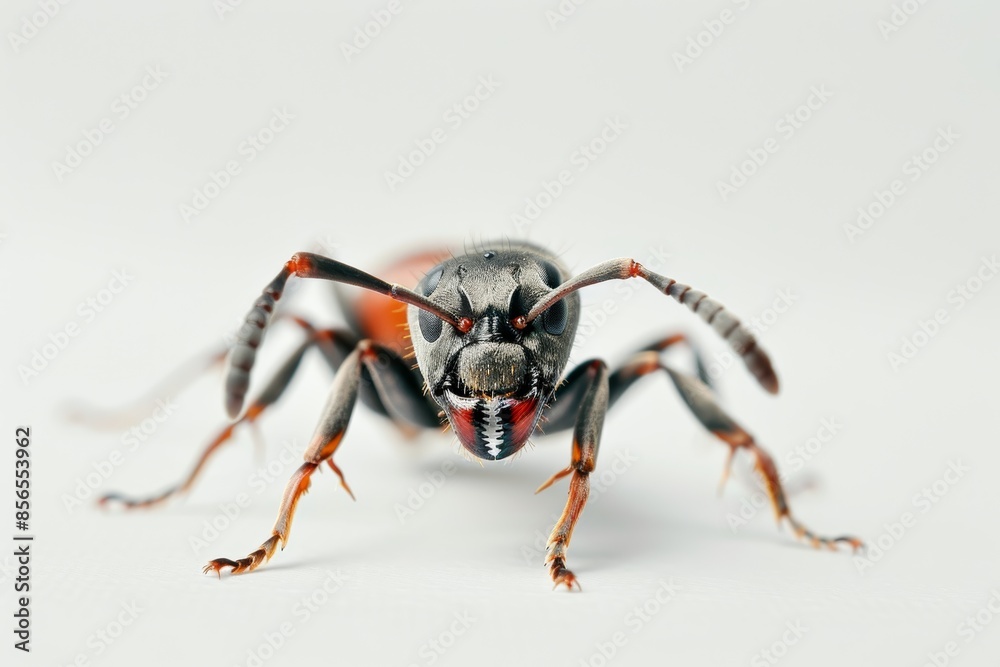 Detailed illustration of a fearsome Fire Ant, showcasing its two mandibles, two antennae, and six legs, against a stark white backdrop. Detailed illustration of a fearsome Fire Ant, showcasing its two mandibles, two antennae, and six legs, against a stark white backdrop.