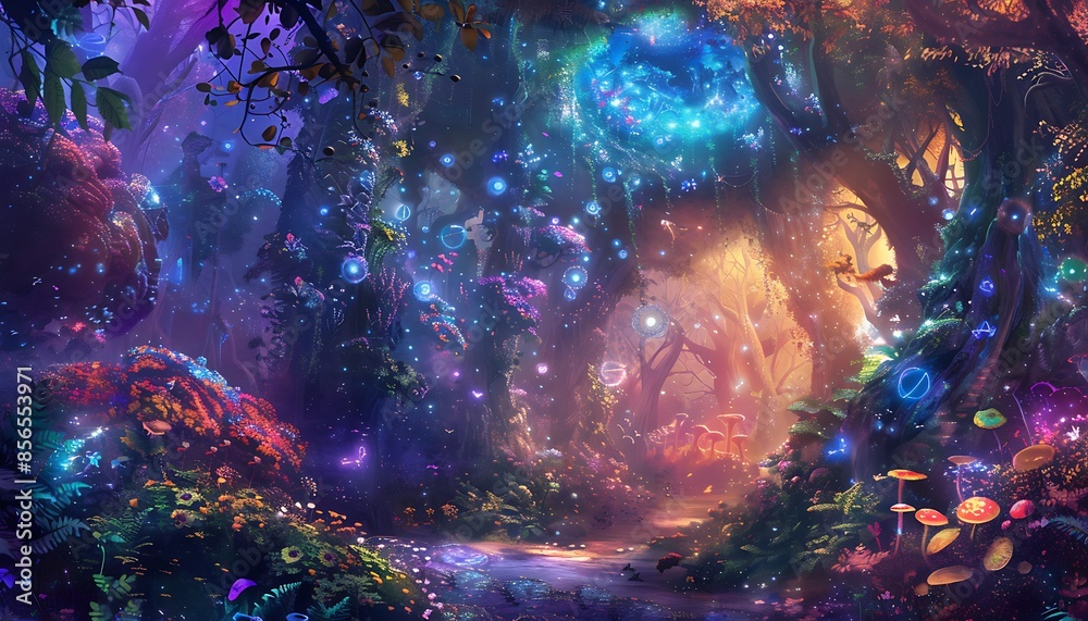 Enchanted Forest Path with Glowing Lights Enchanted Forest Path with Glowing Lights