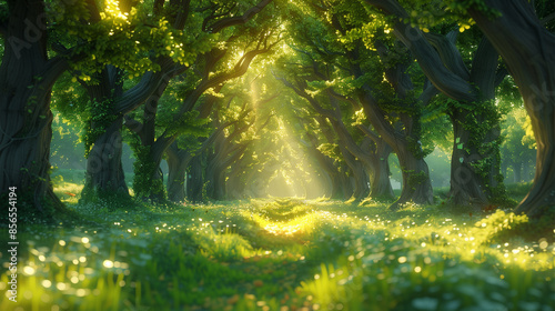 A beautiful fairytale enchanted forest with big trees as wallpaper background illustration