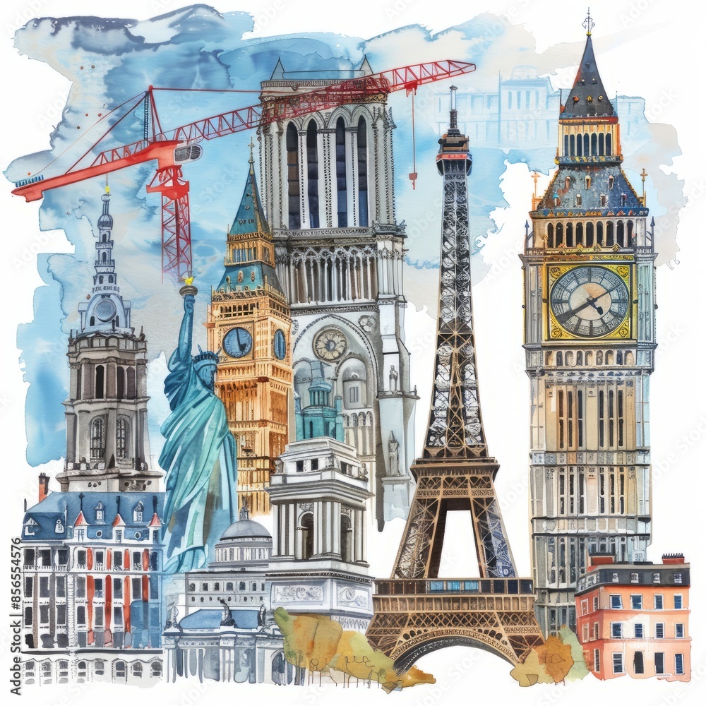Fototapeta premium Watercolor painting of an intersection of architectural styles, featuring iconic landmarks and buildings from various historical periods and, Generative AI