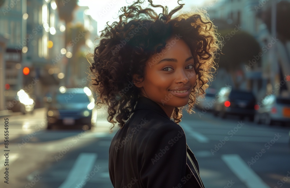 An attractive black woman with curly hair, in business attire, smiling at the camera while crossing the street An attractive black woman with curly hair, in business attire, smiling at the camera while crossing the street