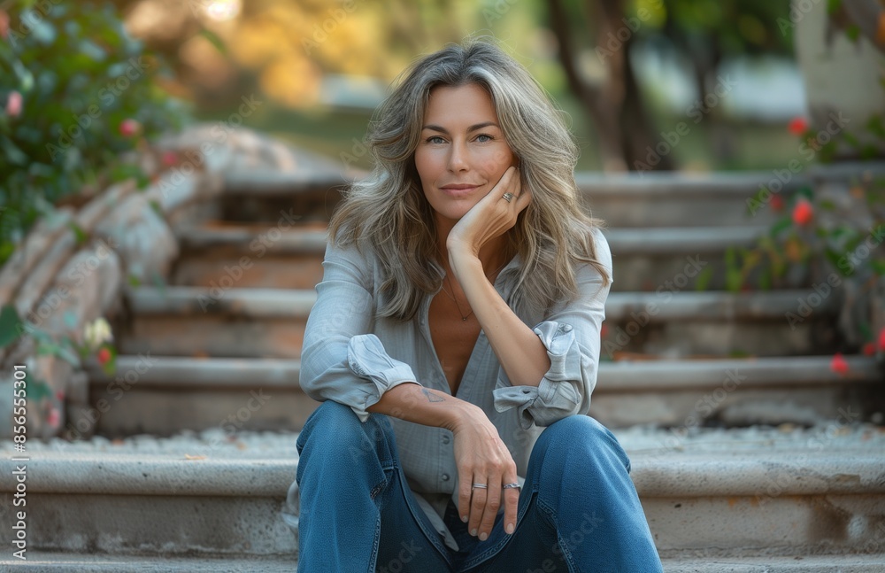 Elegant middle-aged woman sitting on park steps in jeans and a shirt, looking serene Elegant middle-aged woman sitting on park steps in jeans and a shirt, looking serene