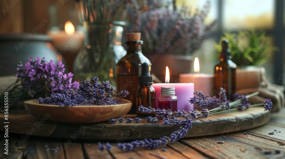 Tranquil Aromatherapy Scene with Essential Oils, Lavender, and Candles for Relaxation and Wellness Tranquil Aromatherapy Scene with Essential Oils, Lavender, and Candles for Relaxation and Wellness