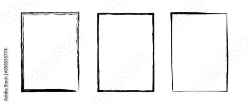 Black grunge rectangle frame set. Different paint brushed border collection. Chalk or ink rectangular stroke design elements for banner, poster, flyer, brochure, cover. Vector A4 carde