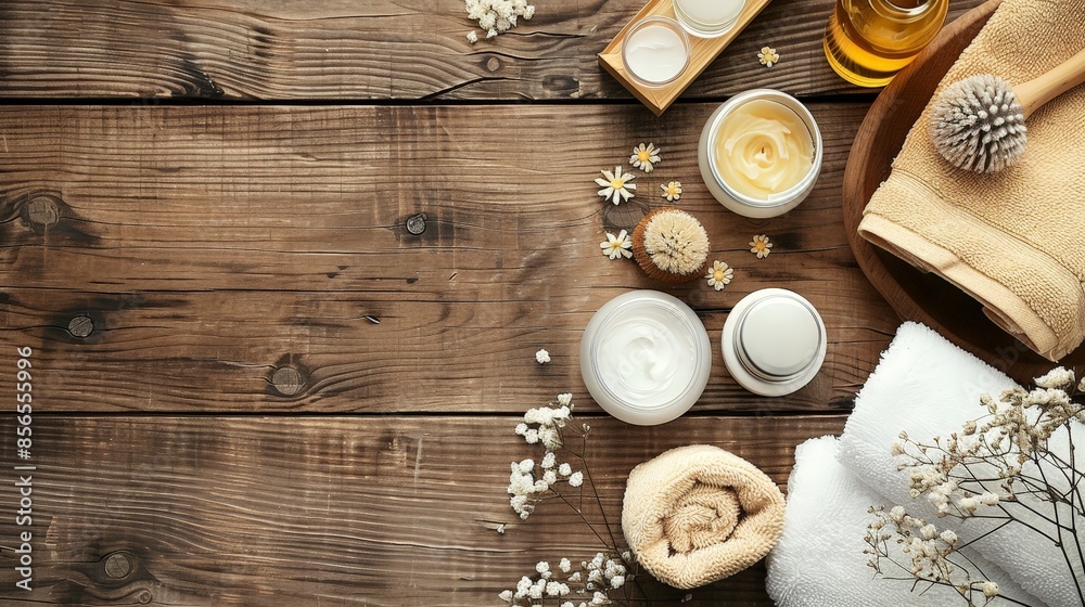Tranquil Spa Essentials Flat Lay with Copy Space on Wooden Surface Tranquil Spa Essentials Flat Lay with Copy Space on Wooden Surface