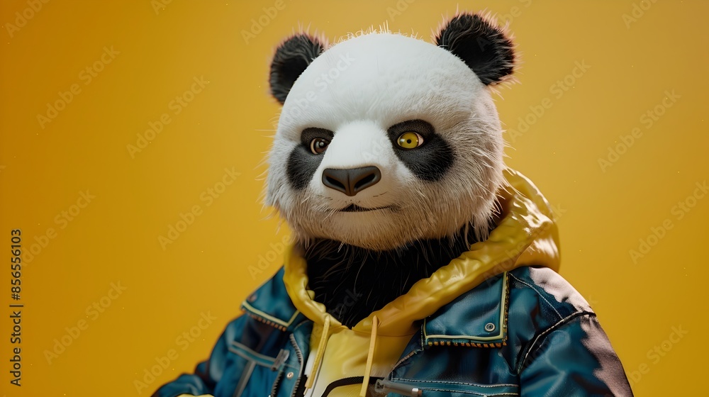 Edgy Anthropomorphic Panda in Stylish Street Wear Outfit on Yellow Background Edgy Anthropomorphic Panda in Stylish Street Wear Outfit on Yellow Background