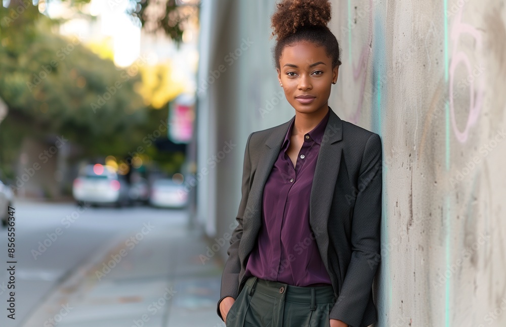 A stylish black woman in her late thirties, in green pants and purple blouse, leaning casually A stylish black woman in her late thirties, in green pants and purple blouse, leaning casually