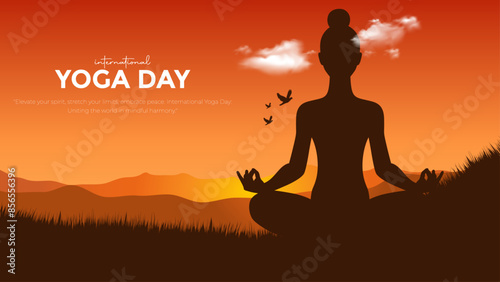 21 June - International Yoga Day Banner and Greeting Card Design. Modern and Elegant Yoga Day Creative with Woman in Meditation Pose Vector Illustration