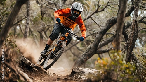 Extreme mountain biking athlete riding down rugged forest trail with speed and skill
