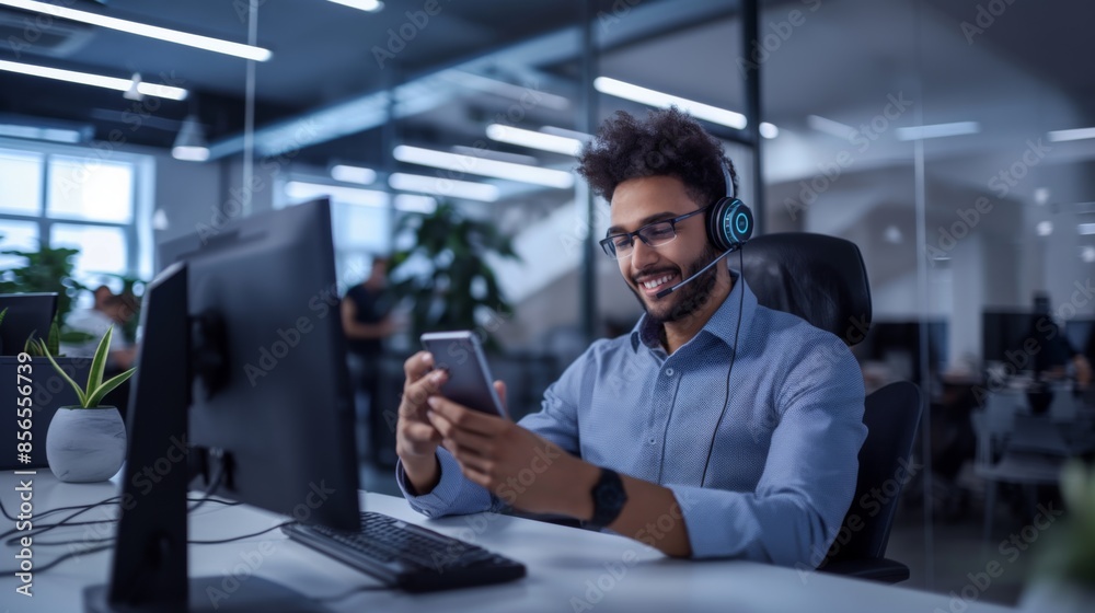 Call center agent is checking a smartphone and interacting with clients Call center agent is checking a smartphone and interacting with clients