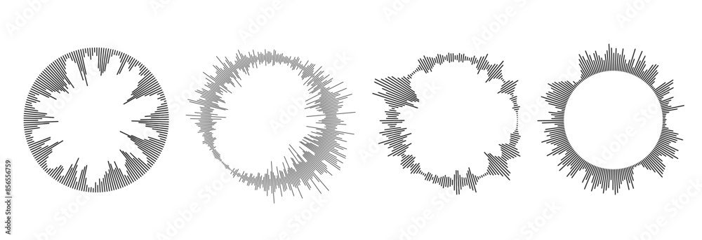 Radial sound wave pattern set. Circular audio, music or voice icon collection. Round wavy equalizer spectrum symbol pack. Circle sun burst bundle. Vector black soundwave center elements Radial sound wave pattern set. Circular audio, music or voice icon collection. Round wavy equalizer spectrum symbol pack. Circle sun burst bundle. Vector black soundwave center elements