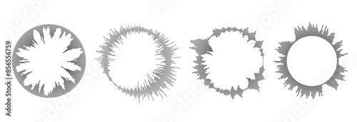 Radial sound wave pattern set. Circular audio, music or voice icon collection. Round wavy equalizer spectrum symbol pack. Circle sun burst bundle. Vector black soundwave center elements
