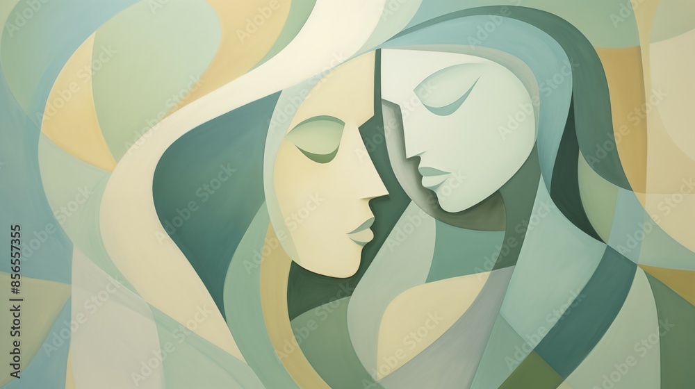 Abstract Painting of Two Faces Hidden Behind Soft Curves and Lines Abstract Painting of Two Faces Hidden Behind Soft Curves and Lines