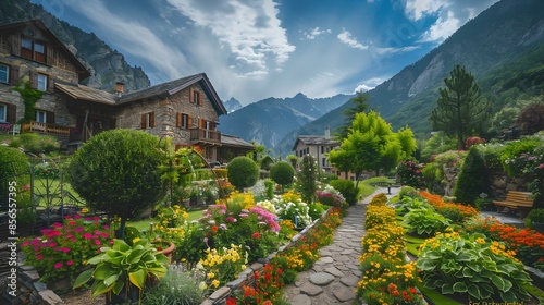 An andorran garden with flowerbeds of colorful