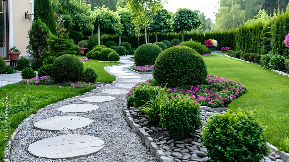 Borders with lines of dwarf boxwoods decorating picture Stock ...