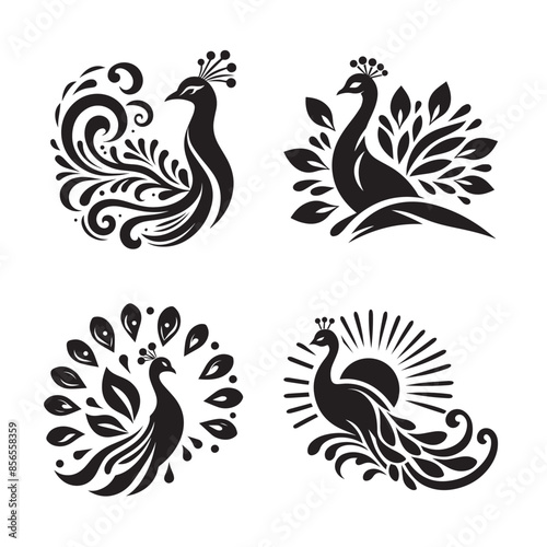 Peacock Silhouette Isolated On White Background. Vector Illustration
