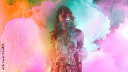 Fashion surreal Concept. Pretty tousled hair girl in floral dress surround in pastel pink purple swirling smoke clouds fog. wallpaper banner clip mov 4K HD motion