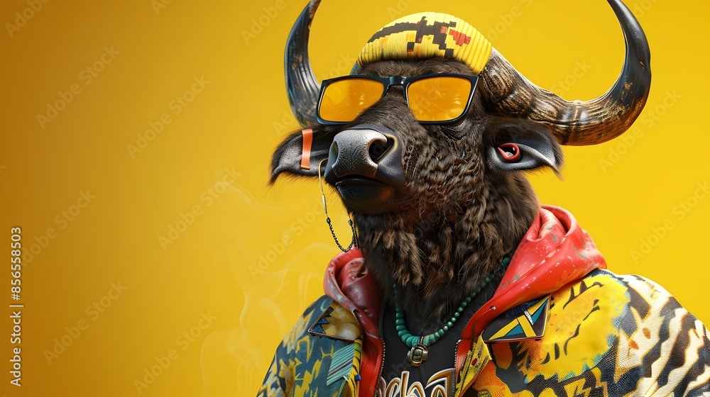 Naklejka premium Gritty Anthropomorphic Buffalo Man in Stylish Street Wear Outfit on Yellow Background