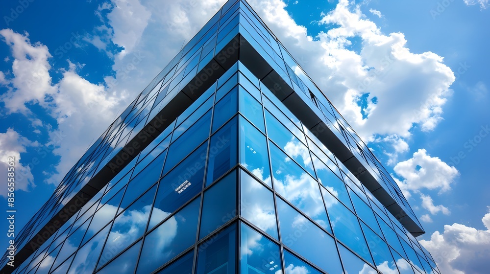 Impressive modern glass skyscraper in urban city with blue sky and reflections Impressive modern glass skyscraper in urban city with blue sky and reflections