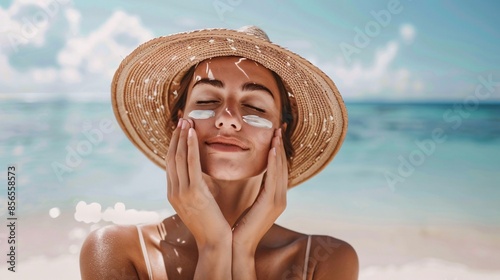 A woman applying sunscreen to her face while standing on a beach