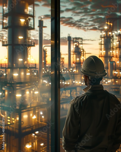 Engineer observing modern industrial plant at sunset through window, emphasizing technology and industry advancements. © Boontharika