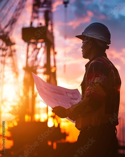 Silhouette of a construction worker holding blueprints at a construction site during sunset, with cranes in the background. photo