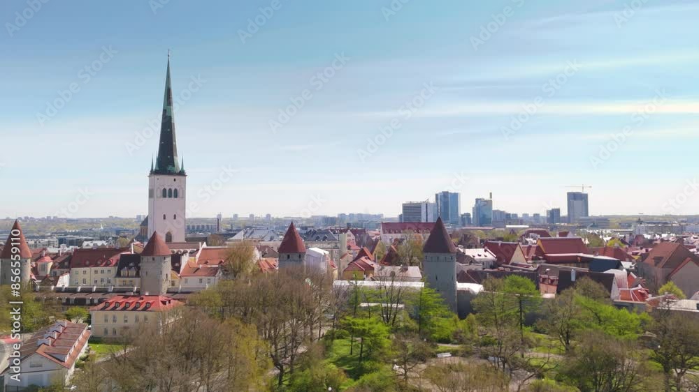 Aerial over Towers' Square park area with view of Tallinn Old Town Vanalinn Aerial over Towers' Square park area with view of Tallinn Old Town Vanalinn