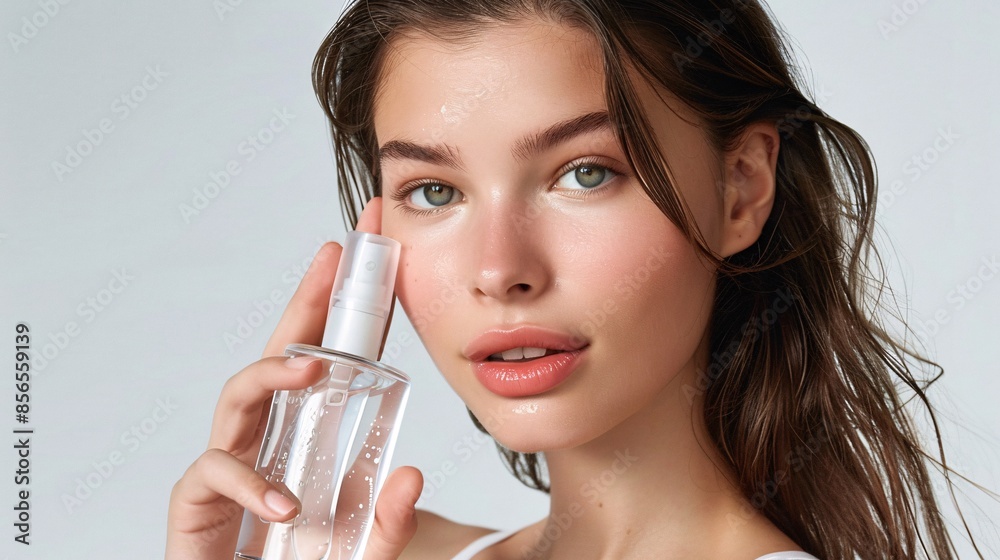 A model with a radiant complexion holding a bottle of toner A model with a radiant complexion holding a bottle of toner