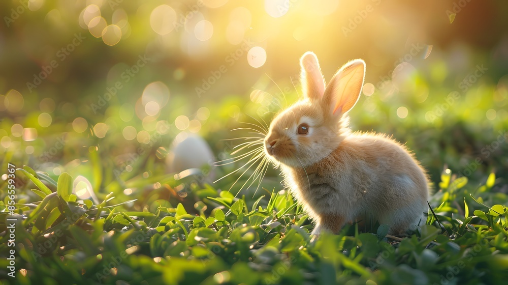 Cute easter orange bunny rabbit on green grass and green blurred background. Close up Cute easter orange bunny rabbit on green grass and green blurred background. Close up
