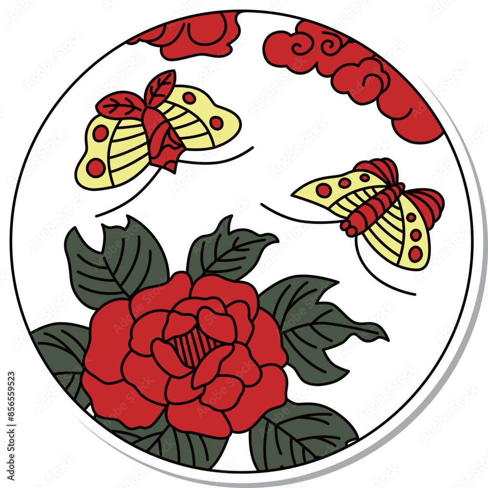 ステッカー風の円形花札　水無月　牡丹　蝶　6月　牡丹に蝶