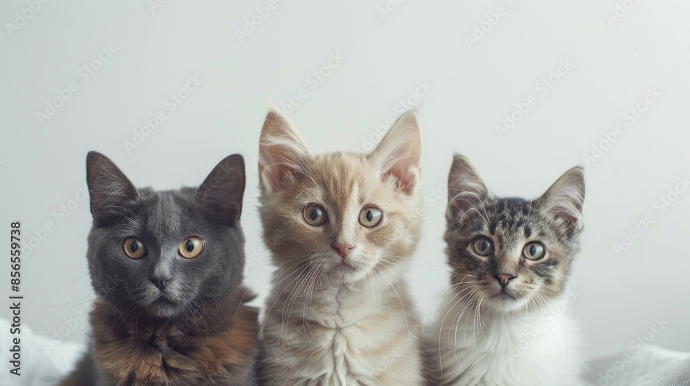Portrait of three domestic pets staring at the camera on a white backdrop Portrait of three domestic pets staring at the camera on a white backdrop