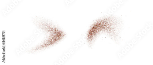 Coffee, cocoa or chocolate powder particles and speckles. Brown dust or sand wavy elements. Grounded beans, grains and granules wave flowing shapes. Vector spray speck swirl overlay textures