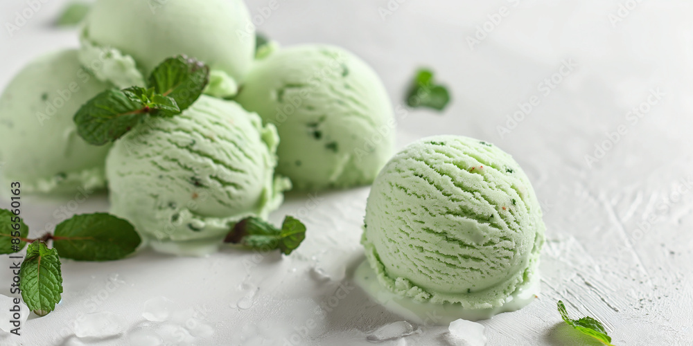 An image of sophisticated mint ice cream, its vibrant green color and frosty texture set against a white background An image of sophisticated mint ice cream, its vibrant green color and frosty texture set against a white background