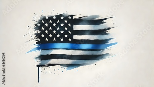 Black And White USA Flag with Blue Line. Thin Blue Line American Flag. Stars And Stripes Abstract Design. Independence Day Background. Corporate Concept American Flag.Watercolor texture. Generative AI