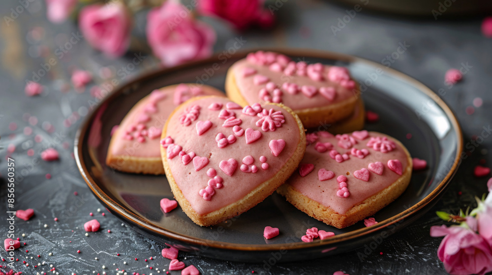 Heart shaped cookies with a Valentine's Day theme, perfect for expressing love and affection or as a sweet treat for the holiday. Heart shaped cookies with a Valentine's Day theme, perfect for expressing love and affection or as a sweet treat for the holiday.