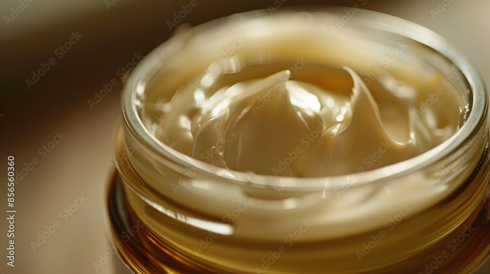 A close-up of a jar of moisturizer with a small amount scooped out A close-up of a jar of moisturizer with a small amount scooped out