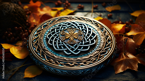  Intricately designed celtic box in gold and blue colors.