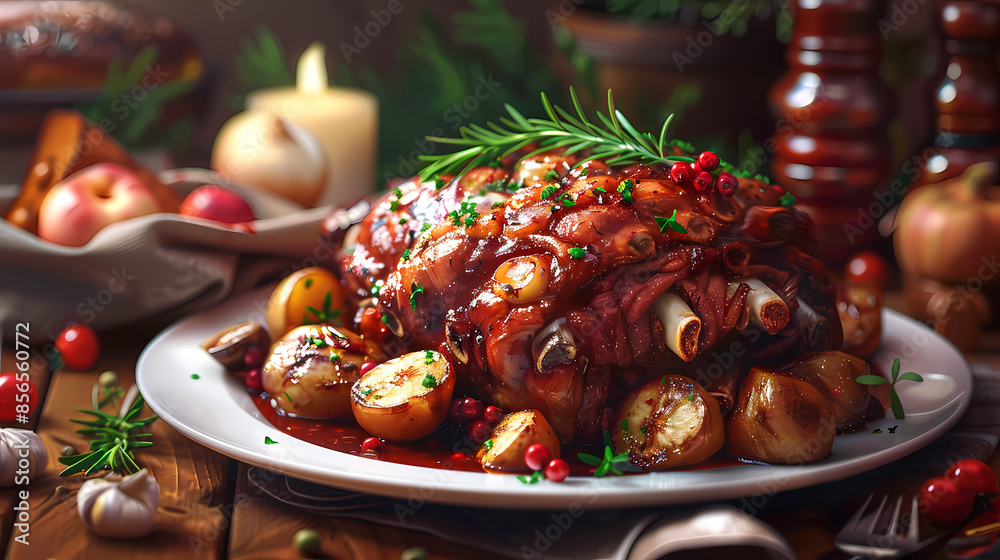 German pork knuckle in a white plate in a luxurious shop. Vector style. German pork knuckle in a white plate in a luxurious shop. Vector style.