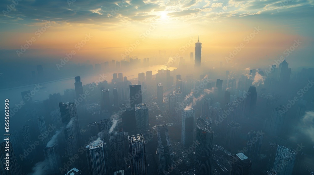 Φωτογραφία Sunrise over the city, aerial view, foggy morning, or air pollution atmosphere covering the city building