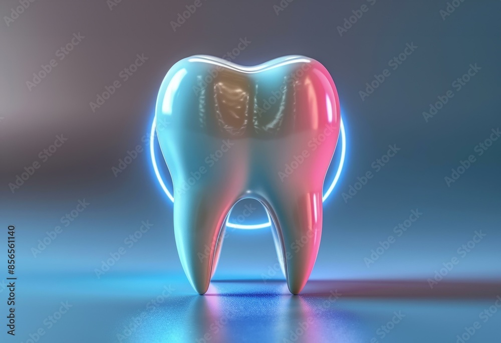 A high-quality 3D illustration of a healthy tooth with vibrant blue and pink lighting, showcasing dental health and modern oral care. A high-quality 3D illustration of a healthy tooth with vibrant blue and pink lighting, showcasing dental health and modern oral care.