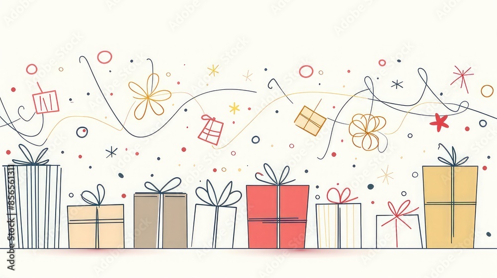 Continuous line drawing of a greeting banner with gift boxes, Minimal, Vector, Clean lines, festive and joyful Continuous line drawing of a greeting banner with gift boxes, Minimal, Vector, Clean lines, festive and joyful