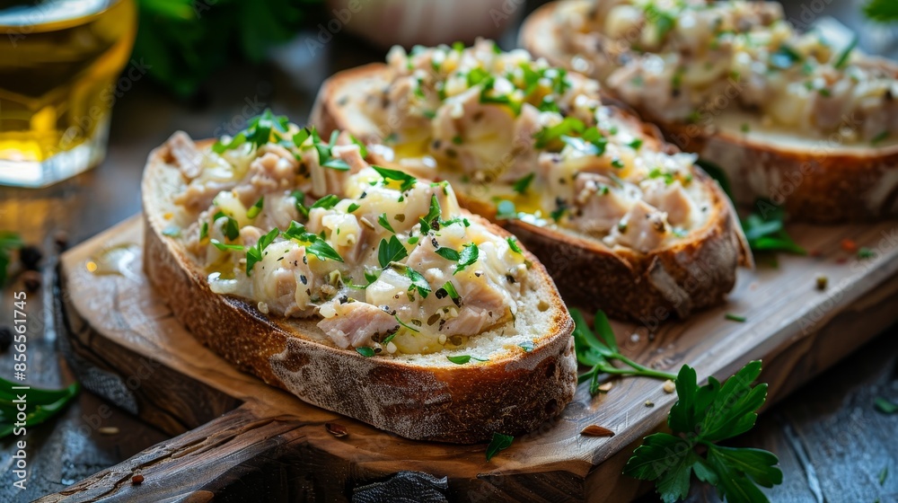 Close-up of a tuna melt on fresh bread, arranged on a rustic wooden cutting board, raw and vivid details, mouth-watering display Close-up of a tuna melt on fresh bread, arranged on a rustic wooden cutting board, raw and vivid details, mouth-watering display